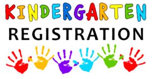 graphic saying Kindergarten registration with bright colors and kids handprints