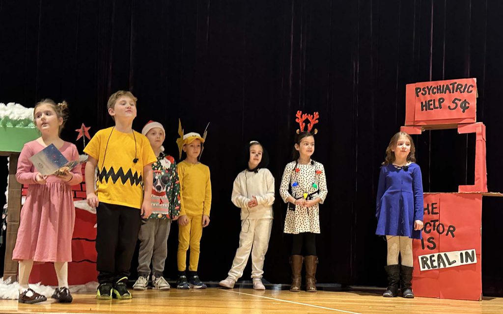 Kindergarten children stage A Charle Brown Christmas play