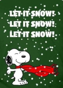 Snoopy the dog wearing a red scarf with this paws out wide with snow falling in the background. The words Let is Snow are repeated three times.