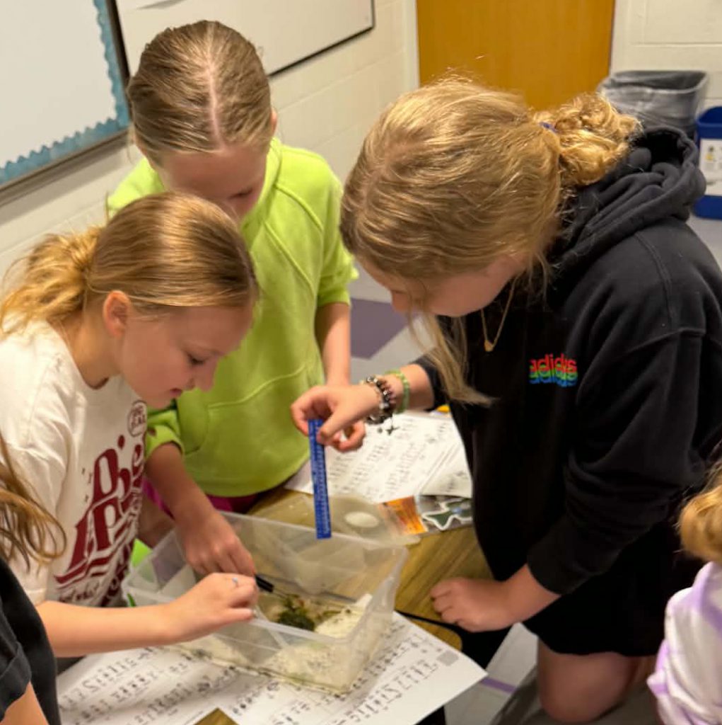 3 girls work on an experiment together